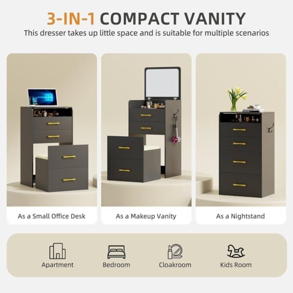 3 in 1 Vanity Desk with Plip Top Mirror,Compact Makeup Vanity with 3 Drawers,Cushioned Tool - Image 2