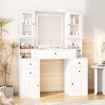 Vanity Desk with Mirror and Lights,White Makeup Vanity Table with Power Strip & LED Lighted Mirror - Image 8