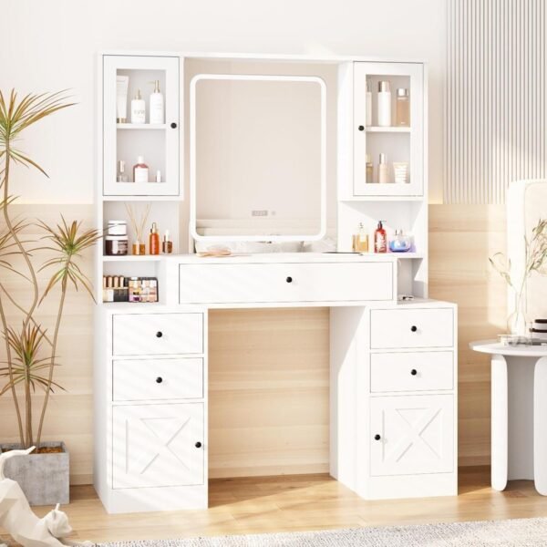 Vanity Desk with Mirror and Lights,White Makeup Vanity Table with Power Strip & LED Lighted Mirror - Image 8