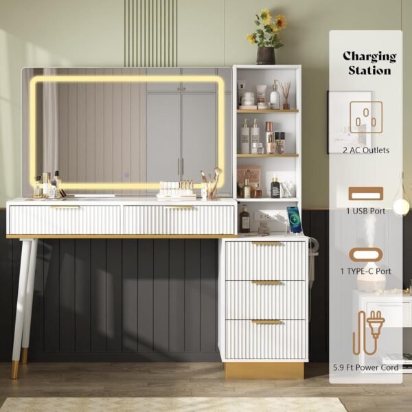 48" Vanity Desk with 35" Large Lighted Mirror, Big Modern Makeup Vanity Table with 5 Drawers - Image 3