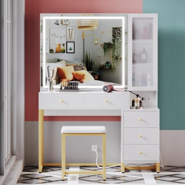 Makeup Vanity Table with Sliding Lighted Mirror, Makeup Dressing Table with 5 Drawers - Image 7