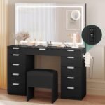 Vanity Desk Set with Large LED Lighted Mirror, Power Outlet & 11 Drawers