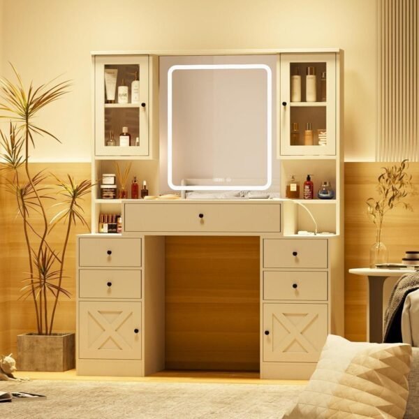 Vanity Desk with Mirror and Lights,White Makeup Vanity Table with Power Strip & LED Lighted Mirror - Image 2
