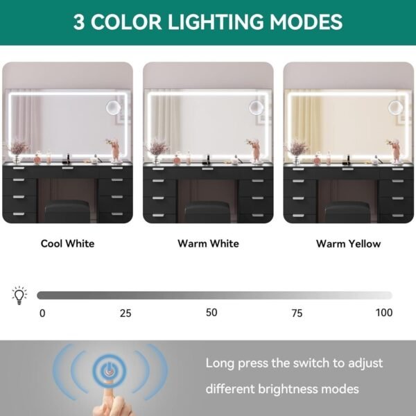 Vanity Desk Set with Large LED Lighted Mirror, Power Outlet & 11 Drawers - Image 6