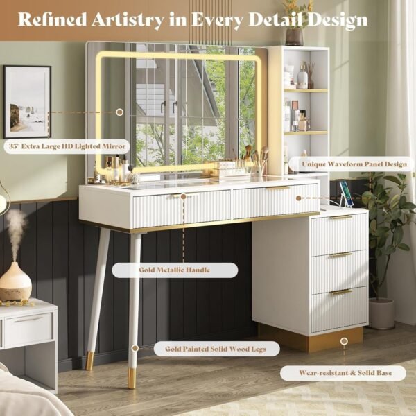 48" Vanity Desk with 35" Large Lighted Mirror, Big Modern Makeup Vanity Table with 5 Drawers - Image 8