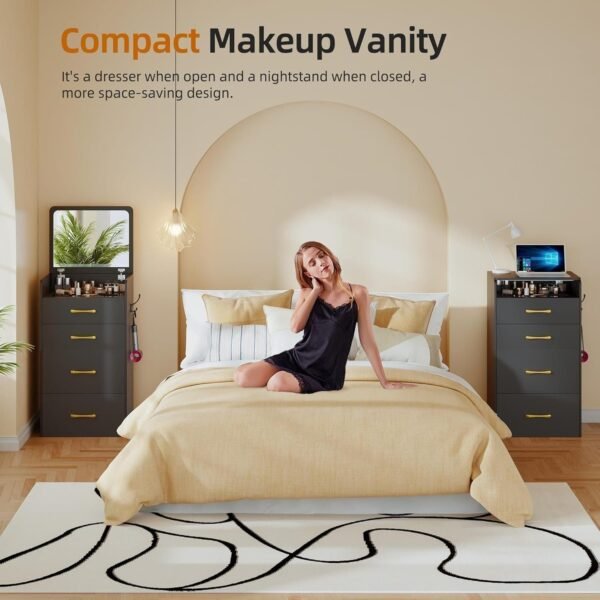 3 in 1 Vanity Desk with Plip Top Mirror,Compact Makeup Vanity with 3 Drawers,Cushioned Tool - Image 6
