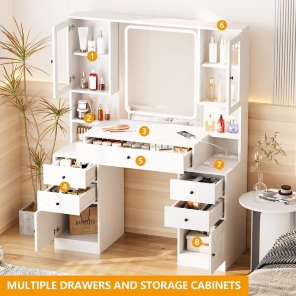 Vanity Desk with Mirror and Lights,White Makeup Vanity Table with Power Strip & LED Lighted Mirror - Image 3