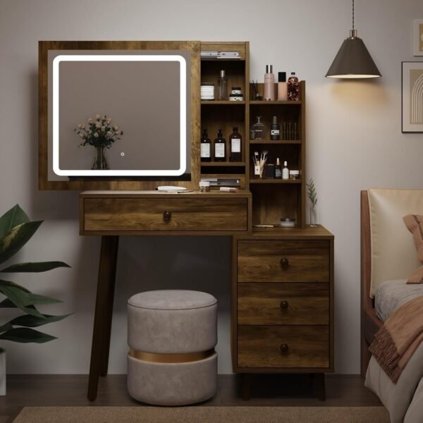 Vanity Desk with Sliding Mirror and LED Lights, Heavy Duty Wooden Makeup Vanity Desk with Hidden Storage Shelves for More Storage Space - Image 4