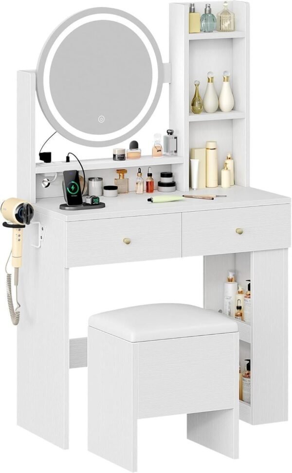 Vanity Desk with LED Lighted Mirror, White Vanity Set with Charger Station - Image 8