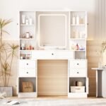 Vanity Desk with Mirror and Lights,White Makeup Vanity Table with Power Strip & LED Lighted Mirror - Image 7