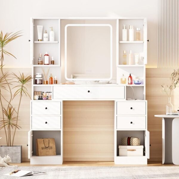 Vanity Desk with Mirror and Lights,White Makeup Vanity Table with Power Strip & LED Lighted Mirror - Image 7
