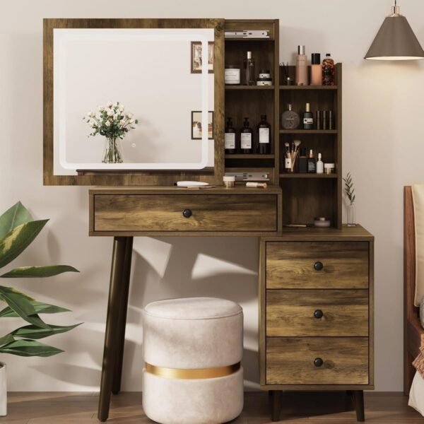 Vanity Desk with Sliding Mirror and LED Lights, Heavy Duty Wooden Makeup Vanity Desk with Hidden Storage Shelves for More Storage Space - Image 6