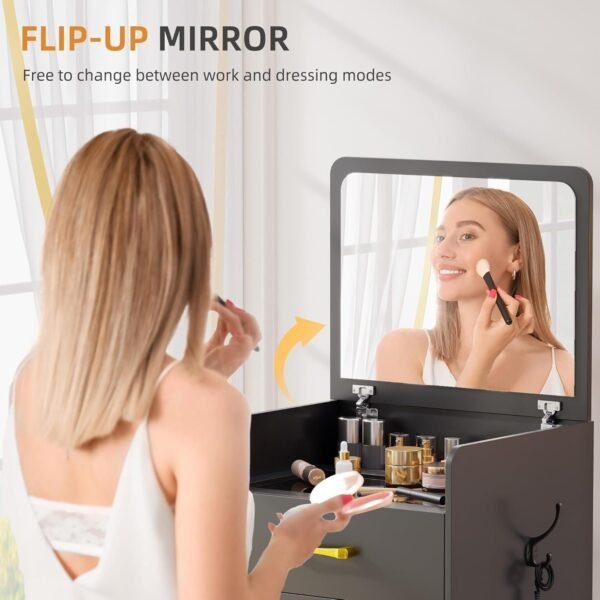 3 in 1 Vanity Desk with Plip Top Mirror,Compact Makeup Vanity with 3 Drawers,Cushioned Tool - Image 4