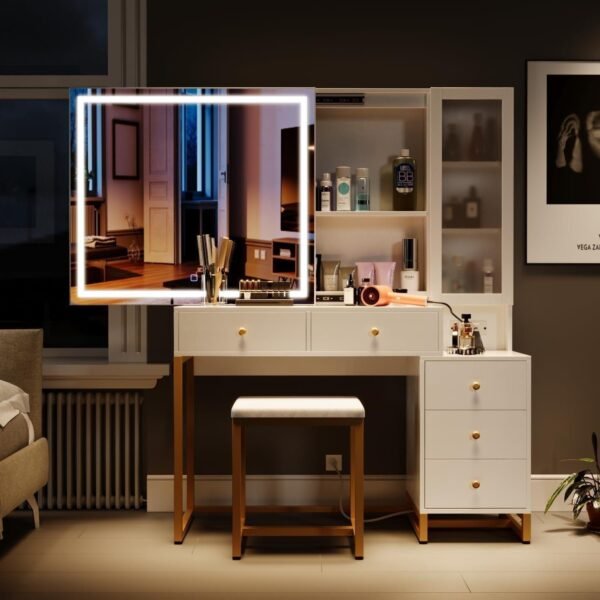 Makeup Vanity Table with Sliding Lighted Mirror, Makeup Dressing Table with 5 Drawers - Image 9