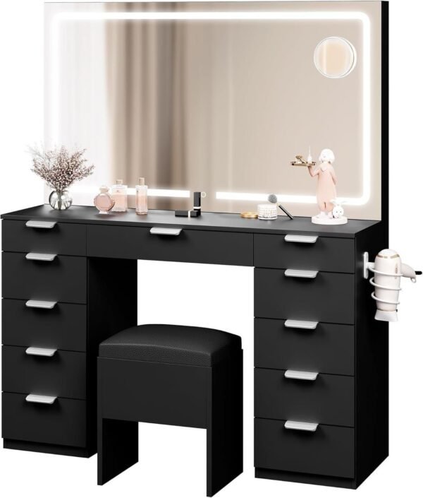 Vanity Desk Set with Large LED Lighted Mirror, Power Outlet & 11 Drawers - Image 8