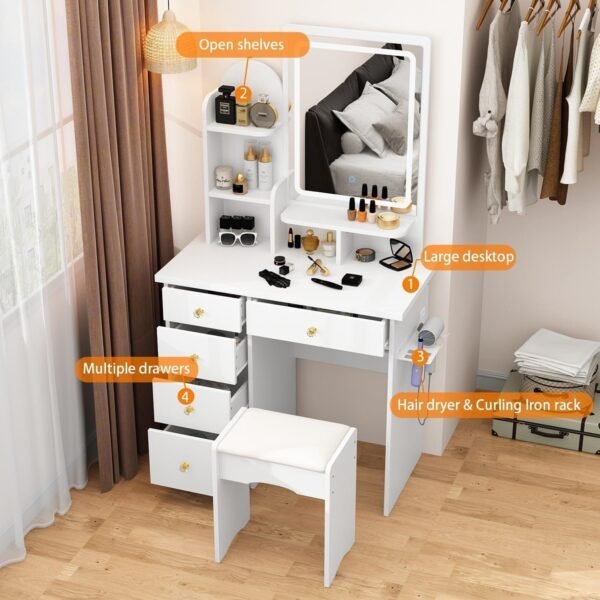 Vanity Set with Rectangular Mirror, Makeup Vanity Dressing Table with 5 Drawers - Image 3