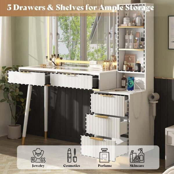 48" Vanity Desk with 35" Large Lighted Mirror, Big Modern Makeup Vanity Table with 5 Drawers - Image 7