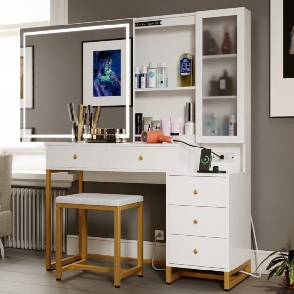 Makeup Vanity Table with Sliding Lighted Mirror, Makeup Dressing Table with 5 Drawers - Image 3