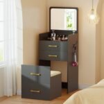 3 in 1 Vanity Desk with Plip Top Mirror,Compact Makeup Vanity with 3 Drawers,Cushioned Tool - Image 9