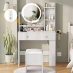 Vanity Desk with LED Lighted Mirror, White Vanity Set with Charger Station