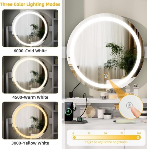 Vanity Desk with LED Lighted Mirror, White Vanity Set with Charger Station - Image 5