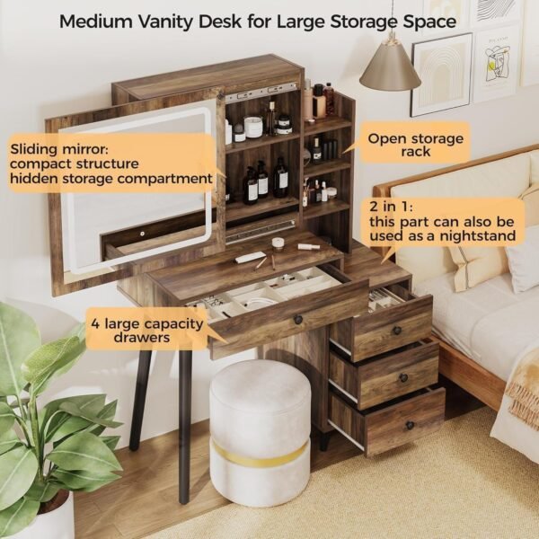 Vanity Desk with Sliding Mirror and LED Lights, Heavy Duty Wooden Makeup Vanity Desk with Hidden Storage Shelves for More Storage Space - Image 2