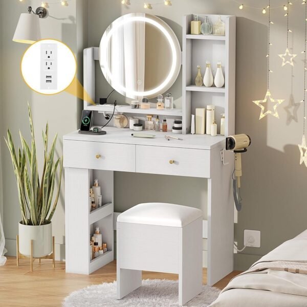Vanity Desk with LED Lighted Mirror, White Vanity Set with Charger Station - Image 2