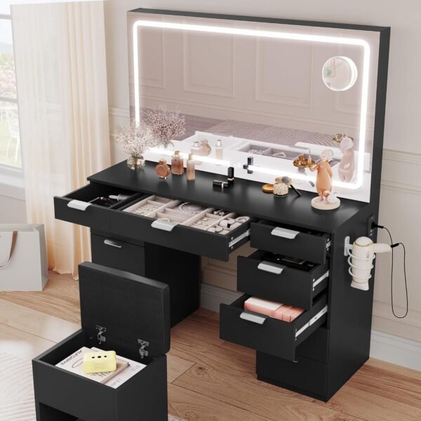 Vanity Desk Set with Large LED Lighted Mirror, Power Outlet & 11 Drawers - Image 4