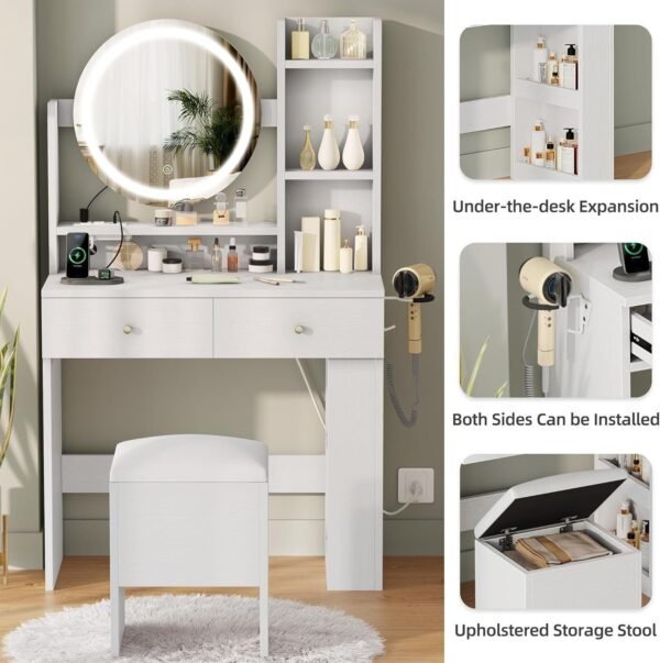 Vanity Desk with LED Lighted Mirror, White Vanity Set with Charger Station - Image 4