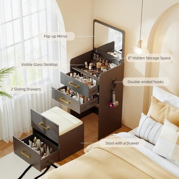 3 in 1 Vanity Desk with Plip Top Mirror,Compact Makeup Vanity with 3 Drawers,Cushioned Tool - Image 3