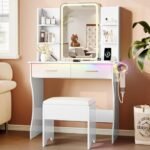 Vanity Desk with LED Lights Mirror & Power Outlet, Small Makeup Vanity Table Set with Storage Drawers & Chair