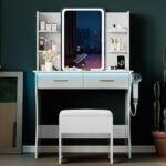 Vanity Desk with LED Lights Mirror & Power Outlet, Small Makeup Vanity Table Set with Storage Drawers & Chair - Image 8