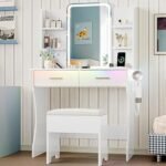 Vanity Desk with LED Lights Mirror & Power Outlet, Small Makeup Vanity Table Set with Storage Drawers & Chair - Image 7