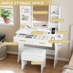 Vanity Desk with LED Lights Mirror & Power Outlet, Small Makeup Vanity Table Set with Storage Drawers & Chair - Image 4