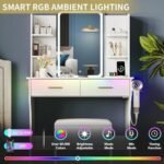 Vanity Desk with LED Lights Mirror & Power Outlet, Small Makeup Vanity Table Set with Storage Drawers & Chair - Image 2